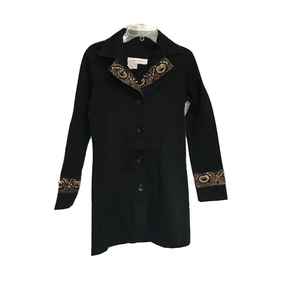 Next Women Button Down Long Blazer ~ Sz M ~ Black